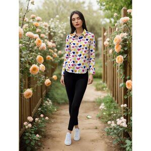 Hello Kitty Modcloth Women's  Kawaii Cute Fairy Kei Heart Print ButtonUp Shirt M